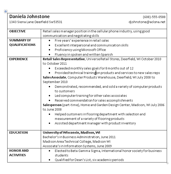 Education table in resume